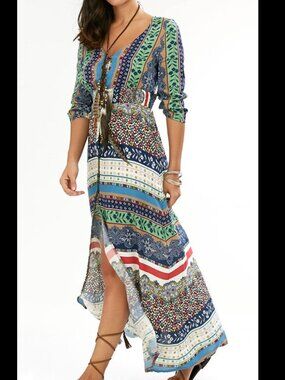 BOHO Dressit High Slit Empire Waist Button Down Flowy Beach Print Size Small